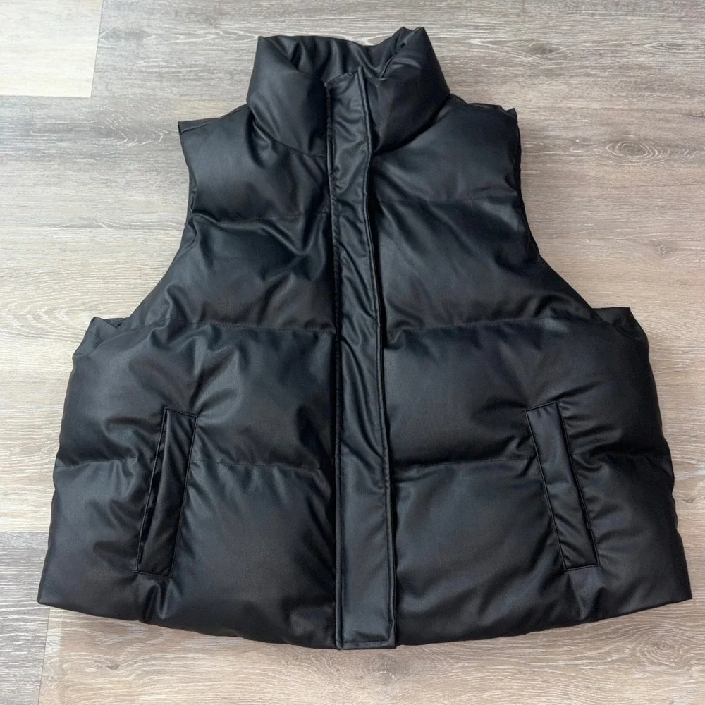 A New Day Black Faux Leather Puffer Vest XXL Quilted Zip Front Snap Closure New